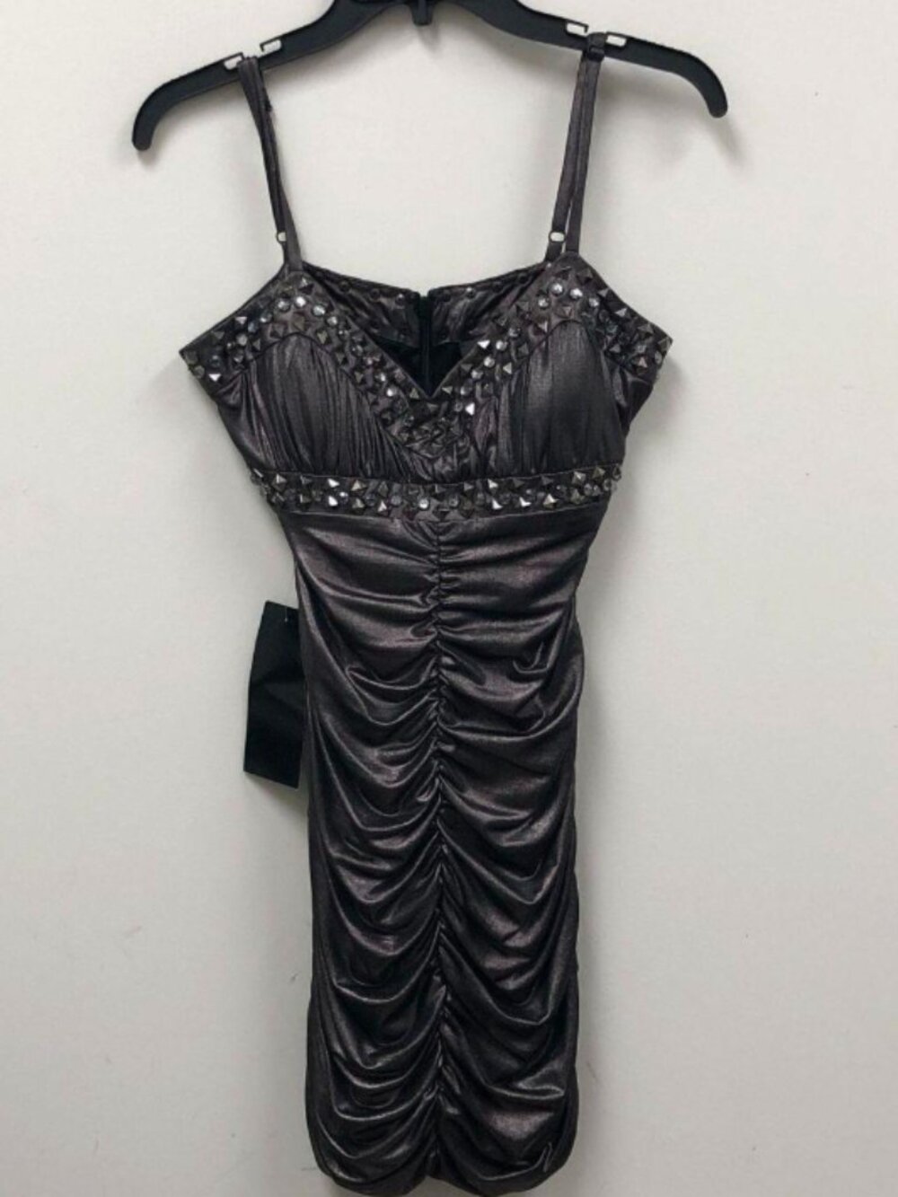 NWT Bebe Metallic Grey Ruched Bodycon Women's Mini Dress - Size S